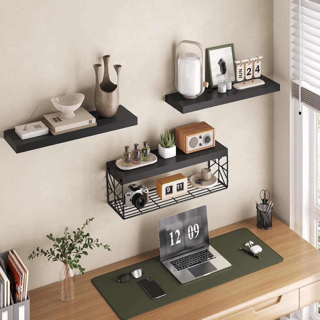 RALGEND Floating Shelves for Wall, 23.6" Bathroom Shelves Over Toilet Set of 3, 1.5" Thick Hanging Wall Mounted Shelf Storage, Farmhouse Home Decor for Bedroom, Living Room, Kitchen, Black 6001BJBB