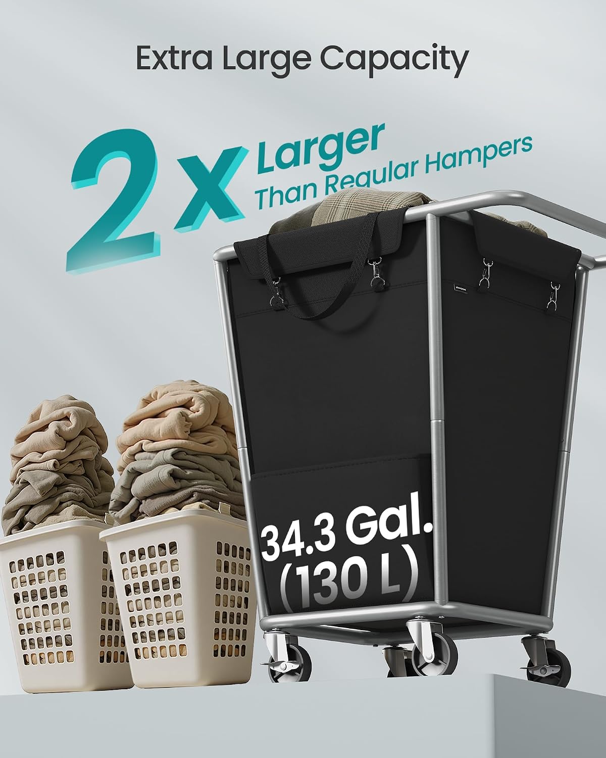 SONGMICS 1-Section Laundry Basket with Wheels, 34.3 Gallons (130 L) Hamper