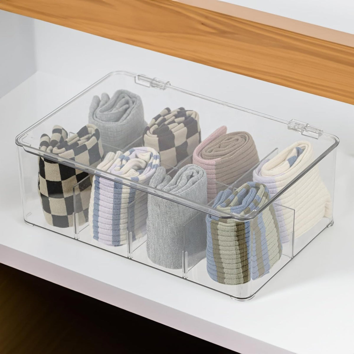 ZEXALOR Clear Tea Bag Organizer, Dresser Organizers Drawer Organzier Storage Container with Removable Dividers, Plastic Storage Bin with Lid, Organizer for Scarves Ties Bras