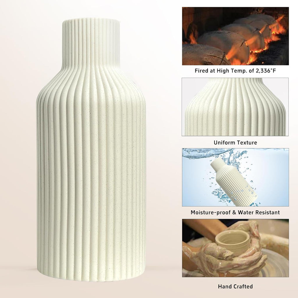 Ceramic Flower Vase, Minimalist Modern Home Decor, Matte Finish Pampas Grass Vase for Table, Fireplace, Shelf, Mantel, Entryway and Centerpieces (Off White)