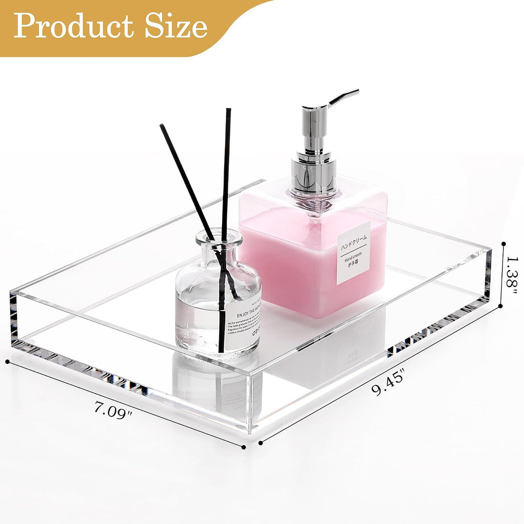 DINGHUO Acrylic Perfume Bathroom Vanity Counter Tray, Clear 9.45"x7.09"x1.38" Rectangle Countertop Organizer for Jewelry Candles Soap Makeup Toilet Tank Kitchen - 1 Pack
