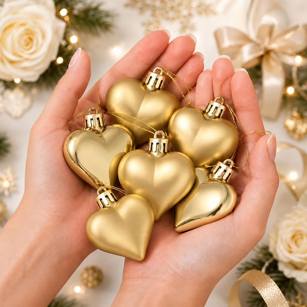 Set of 12 Gold Heart Ornaments for Christmas Valentine Tree Decorations, 1.8 inch Mini Valentines Ornaments for Small Tree, Heart Shaped Plastic Shatterproof Hanging Balls Holiday Party Decor