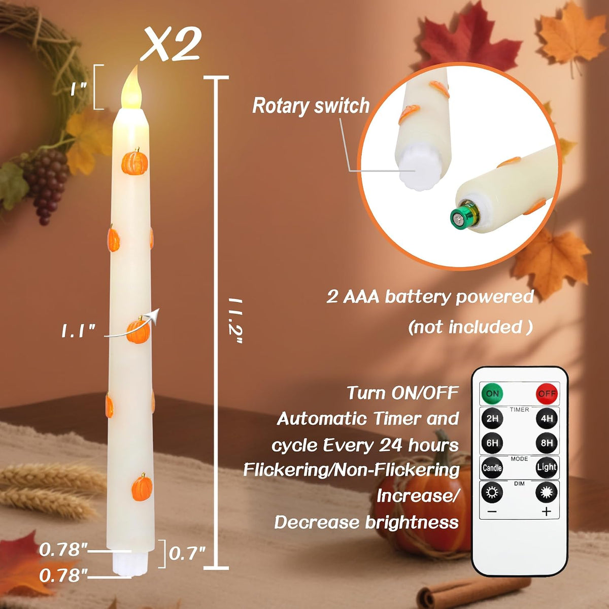 Impress Life Fall Flameless Taper Candles, Battery Operated with Remote