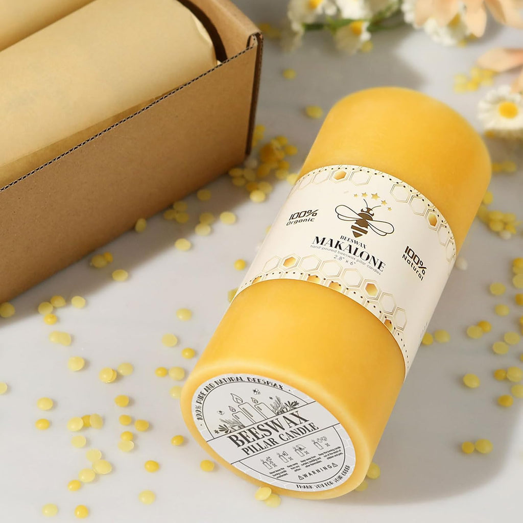 Natural Beeswax Pillar Candles, Non Toxic, 2.8x6 inch,1 Pack,95 H Long Burn