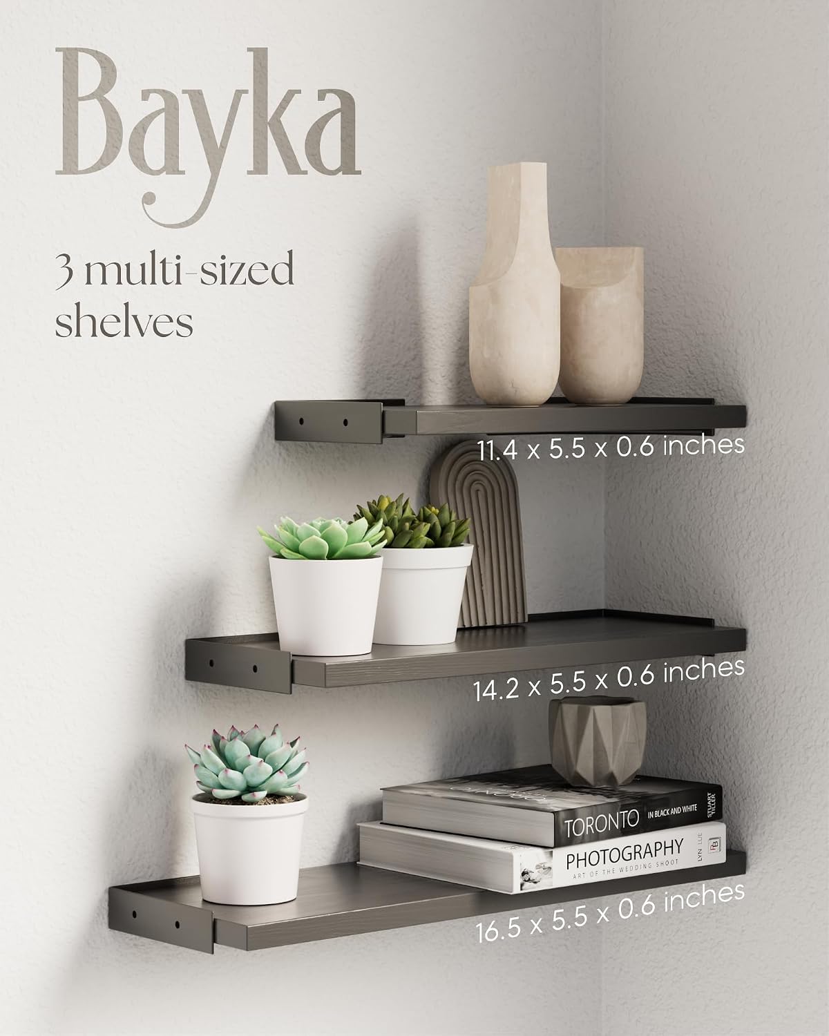 BAYKA Wall Mounted Floating Shelves, Wood Floating Wall Shelf for Books & Decor, Small Space-Saving Display & Organizer（Black，Set of 3） (Pack of 2)