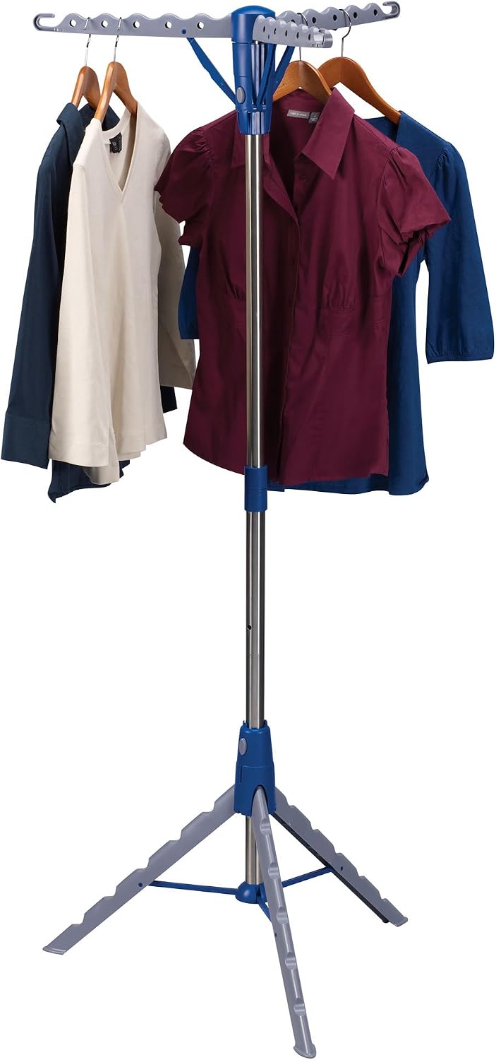 Household Essentials 5009-1 Collapsible Portable Indoor Tripod Clothes Drying Rack for Hanging Laundry | Silver and Blue Medium