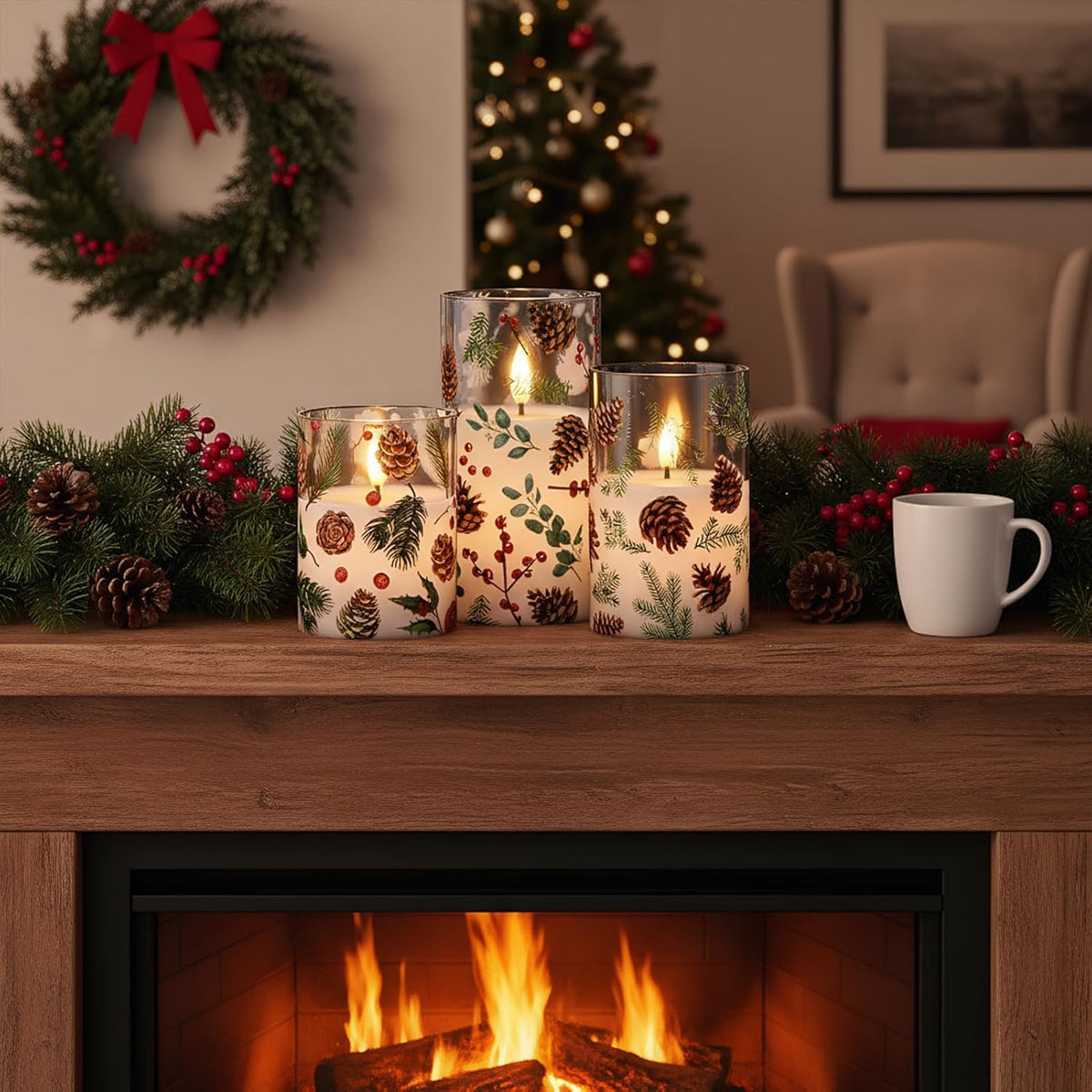 Christmas Pinecone LED Glass Flameless Candles Battery Operated Remote