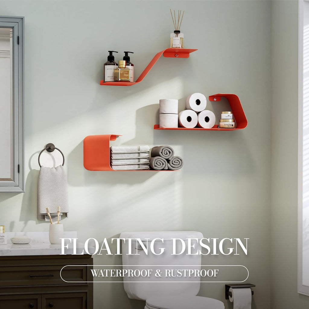 Sttoraboks Floating Wall Shelves Set of 3, Metal Mounted Shelf with Unique Design, Bookshelf for Storage & Display in Bathroom, Bedroom, Kitchen, Living Room, Orange Home Decor