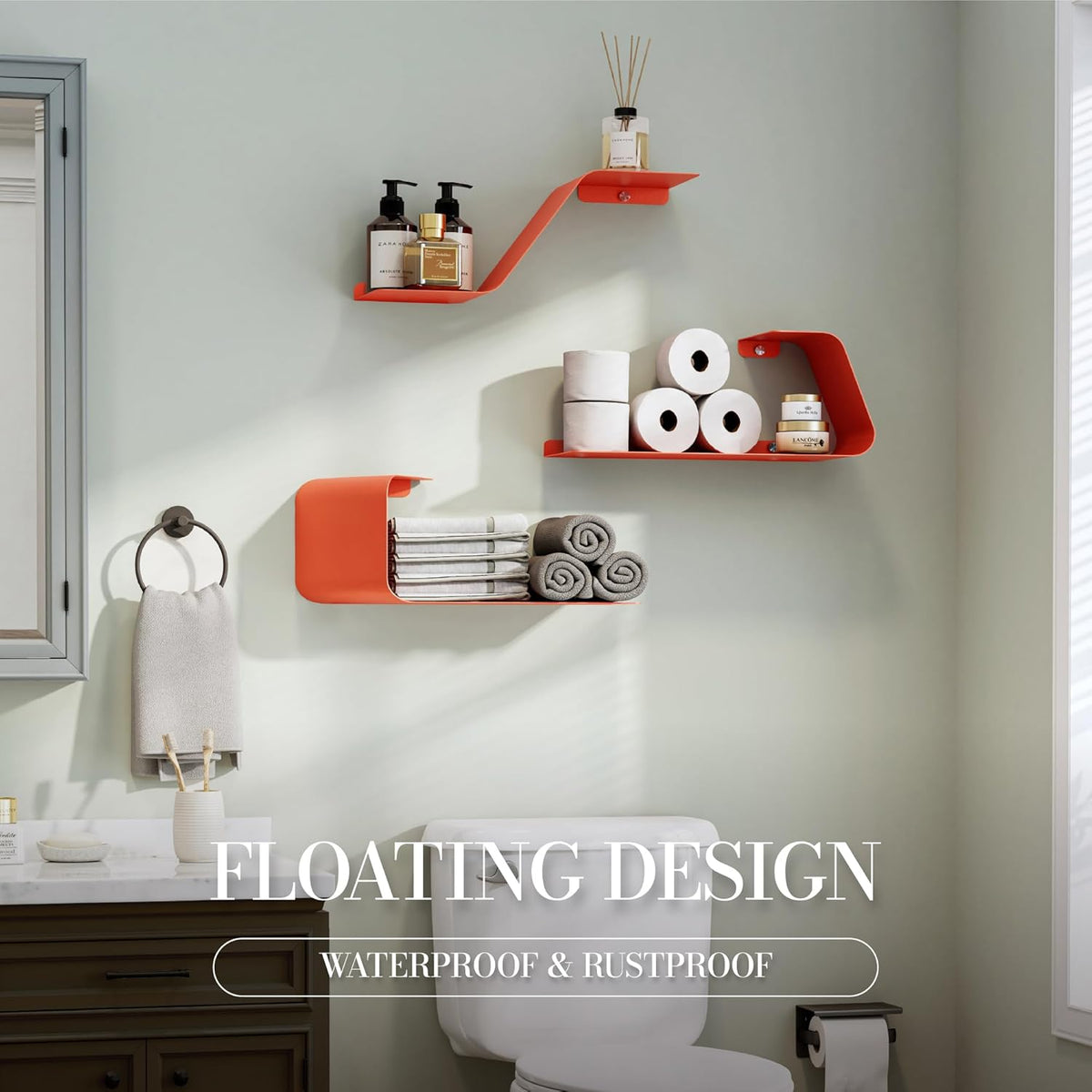 Sttoraboks Floating Wall Shelves Set of 3, Metal Mounted Shelf with Unique Design, Bookshelf for Storage & Display in Bathroom, Bedroom, Kitchen, Living Room, Orange Home Decor