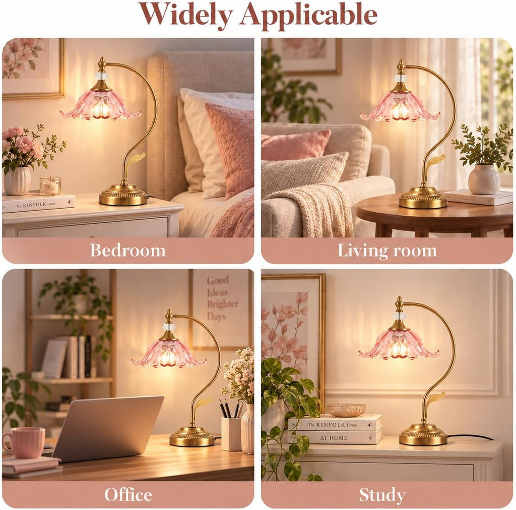 Vintage Floral Table Lamp, Plug in Mid-Century Modern Desk Lamp with Pink Glass Shade, Gold Bedside Table Lamp Dimmable for Bedroom Living Room Home Office