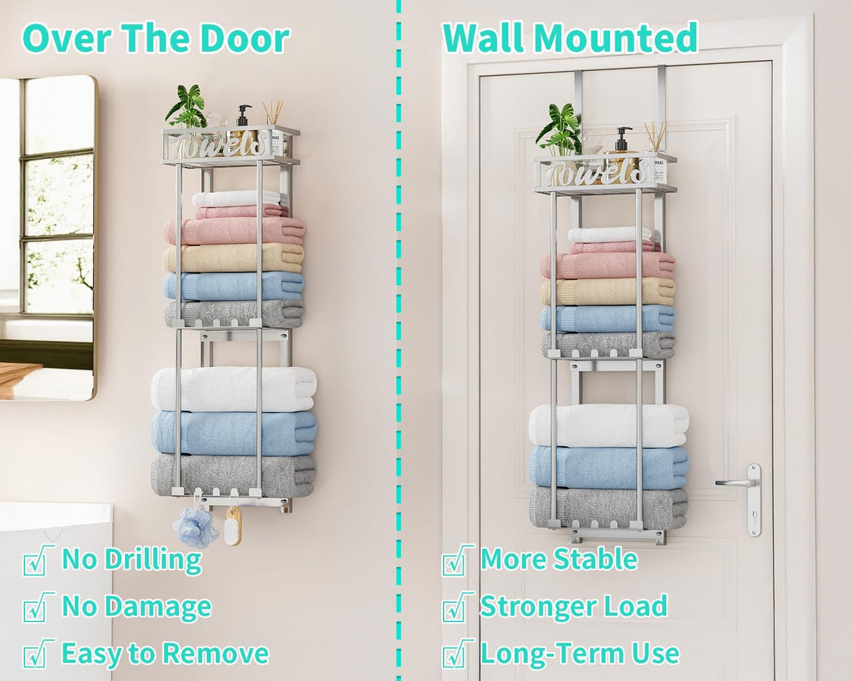 HapiRm Towel Rack Bathroom Storage - 3 Tier Over The Door & Wall Mounted Rolled Towel Racks Holder Organizer with Metal Shelf and 6 Hooks for Small Bathroom, Camper, Rv - Sliver