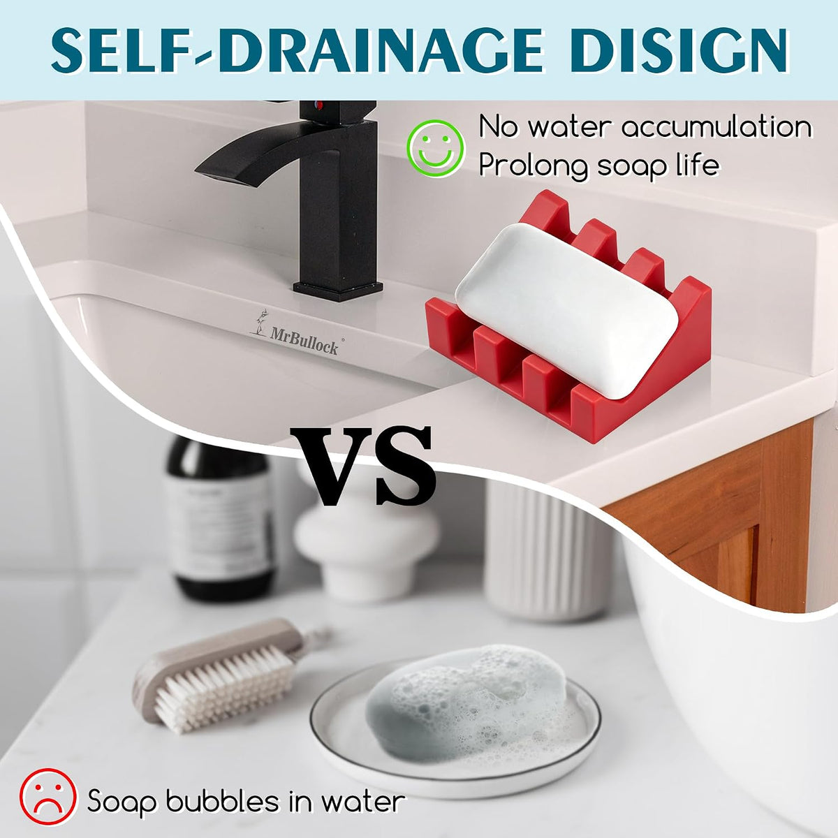 Self Draining Silicone Soap Dish Holder Waterfall Tray, 1 Pack Red