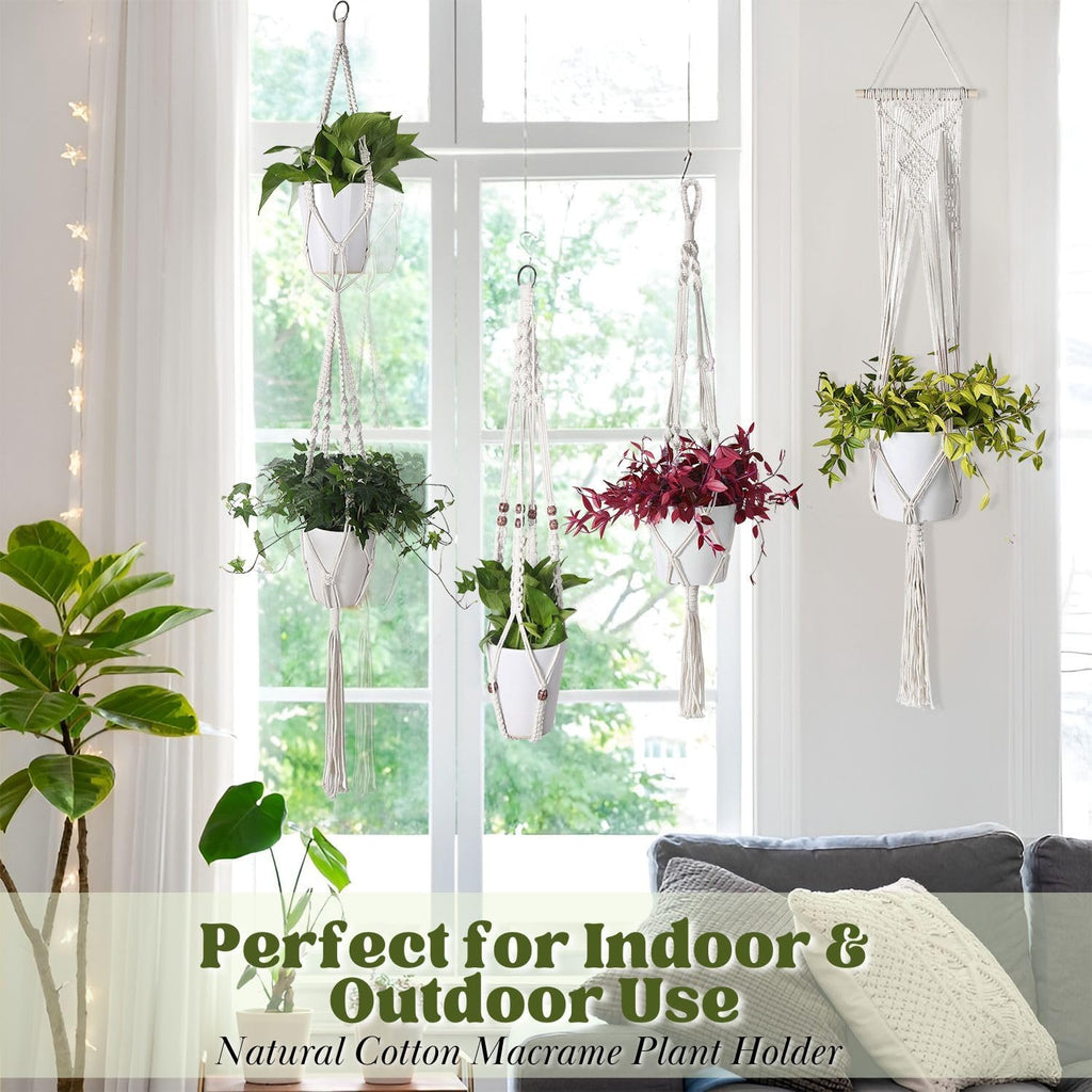 Flexzion Macrame Plant Hangers, 4 Pack, Off-White Cotton Rope, 4 Lengths
