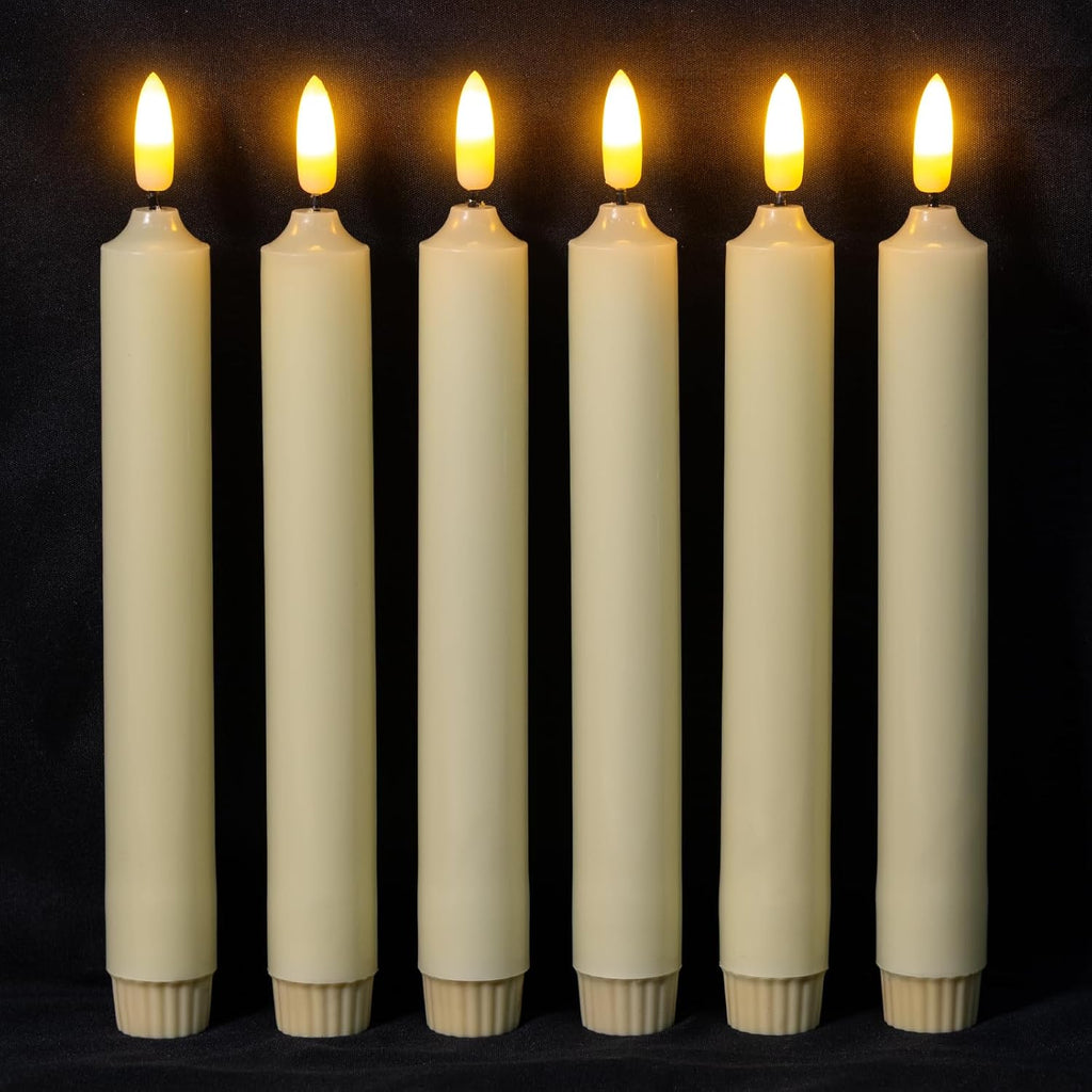 NURADA Flameless Taper Candles with Remote Timer - Flickering Real Wax LED Electric Candlesticks - 3D Wick Lights Battery Operated Faux Candle for Home Wedding Window Decor - Ivory White 6 Pack