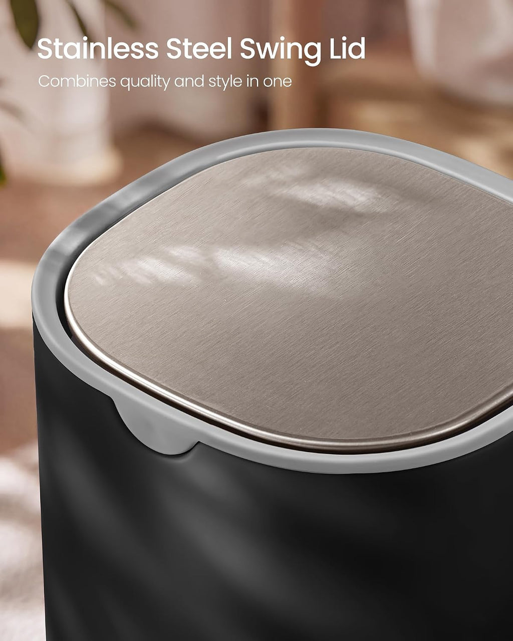 SONGMICS Mini Desk Trash Can, Round, Stainless Steel Swing Lid, 0.7 Gal.