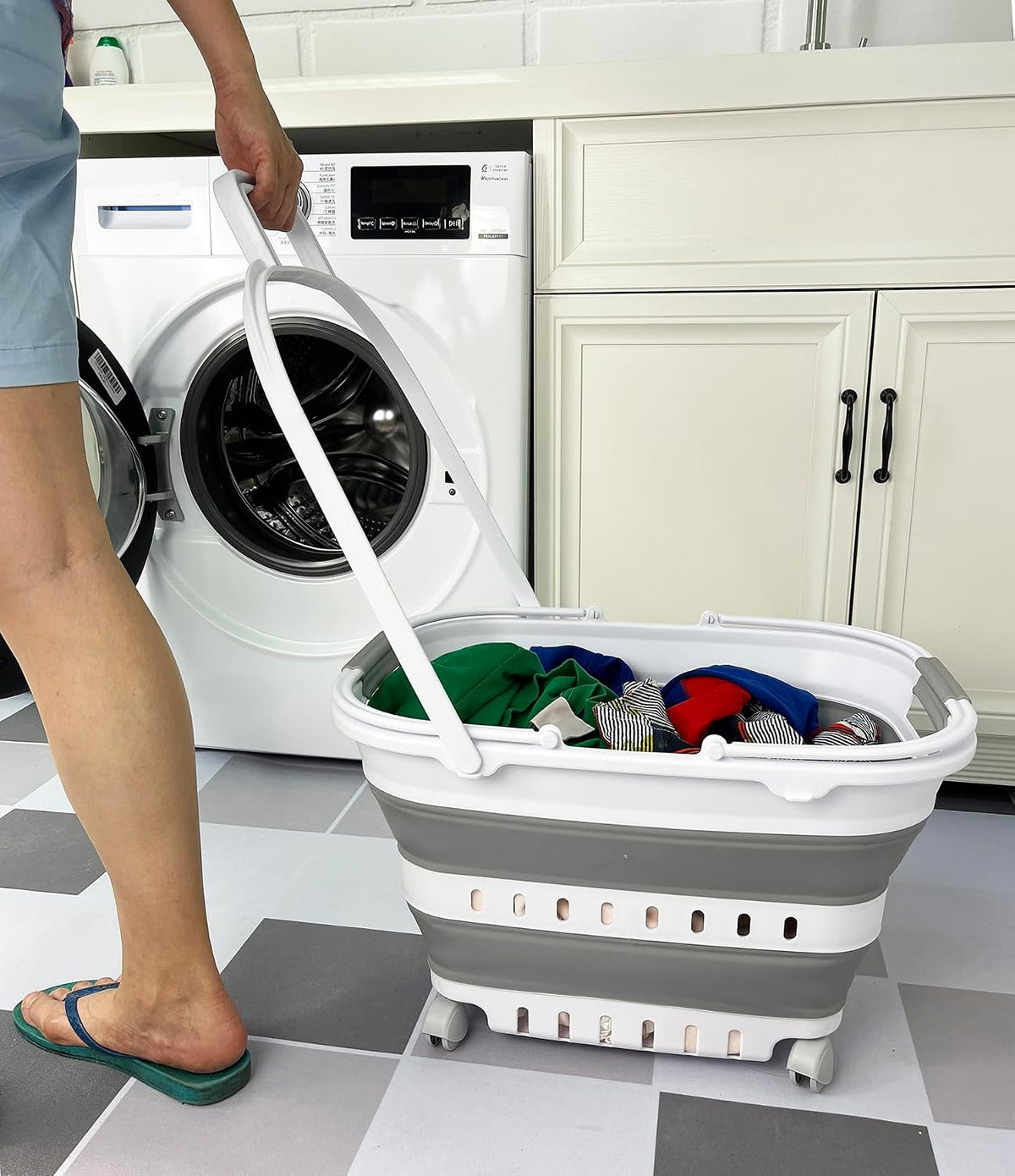 SAMMART 35L (9.24 Gallons) Collapsible Plastic Laundry Basket with Handle and Wheels - Foldable Pop Up Storage Container/Organizer with handle and wheels - Space Saving (2, White/Grey)