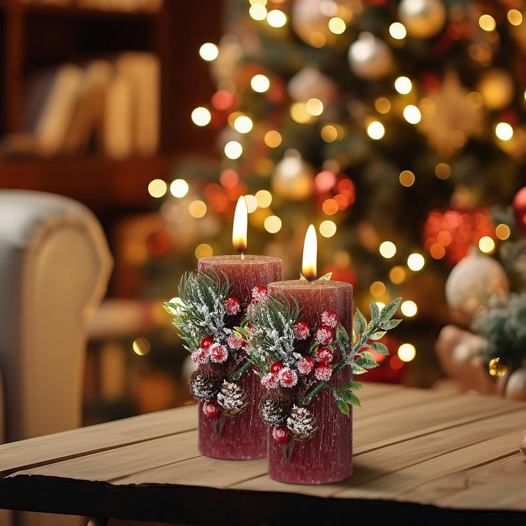 Conelist 2 Pcs Christmas Burgundy Pillar Candles 3 x 6in with Pine Branch