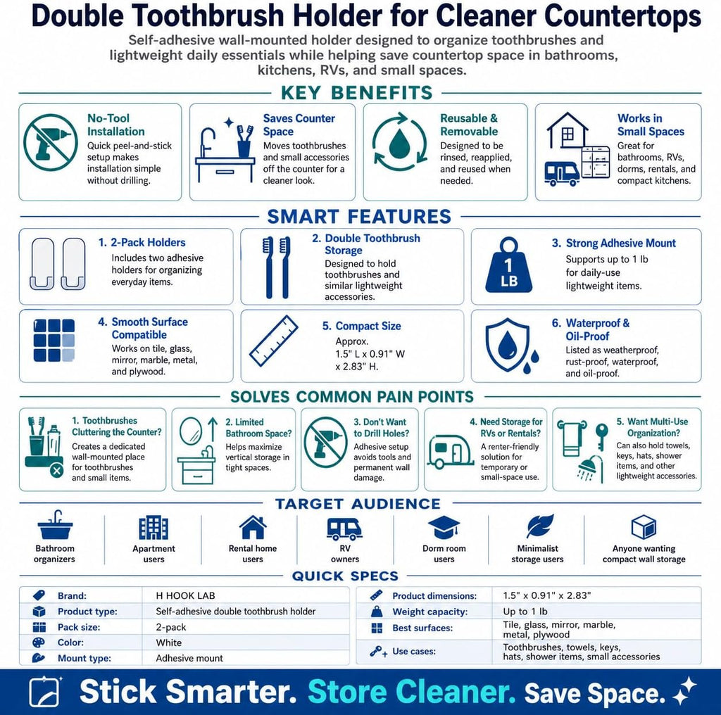 Hook LAB Self-Adhesive Double Toothbrush Holder, 2-Pack, Removable & Reusable Wall-Mounted Storage Organizer, for Bathroom & Kitchen Accessories - Black