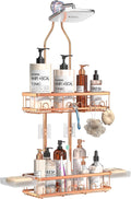 Skyapex Shower Caddy Hanging: Adjustable Height No Blocking to Shower Head - Shower Caddy Over Showerhead Shower Organizer - Rustproof Shower Shelves with Hooks 2 Soap Holders, Rose Gold
