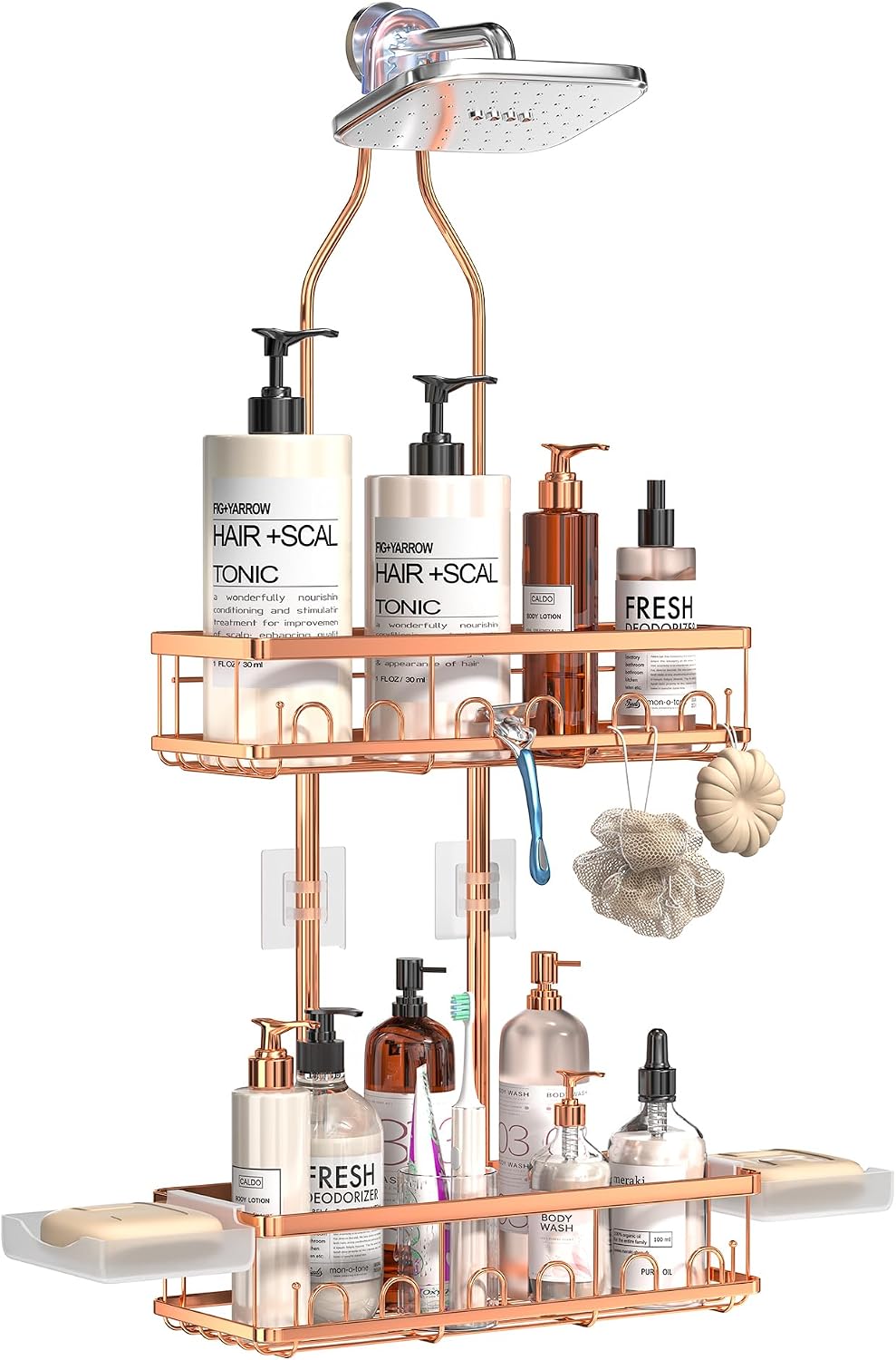 Skyapex Shower Caddy Hanging: Adjustable Height No Blocking to Shower Head - Shower Caddy Over Showerhead Shower Organizer - Rustproof Shower Shelves with Hooks 2 Soap Holders, Rose Gold