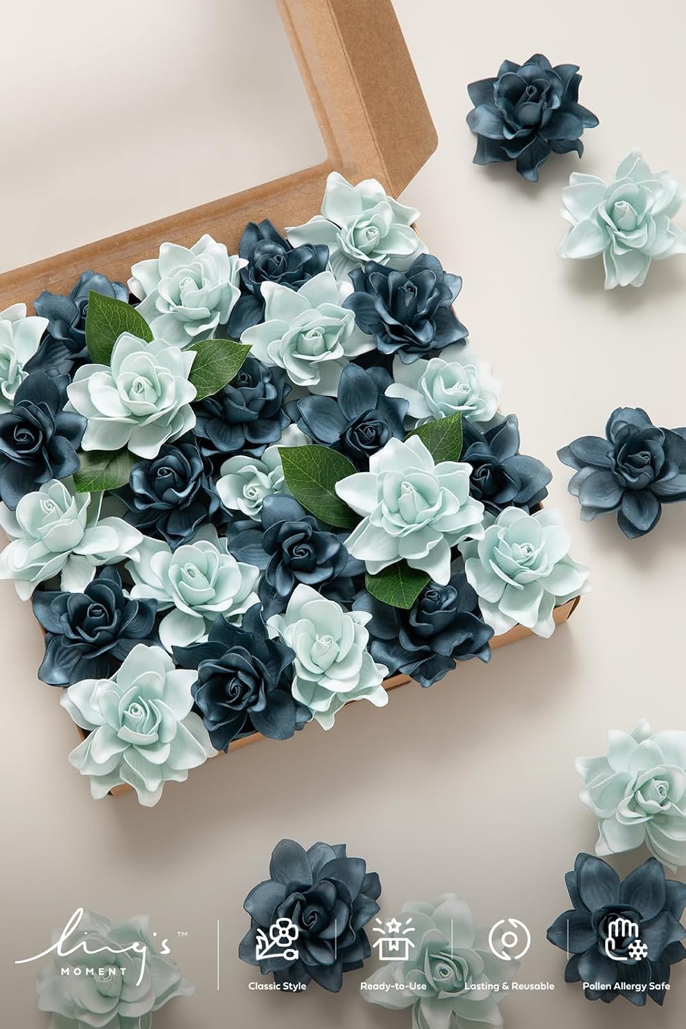 Ling's moment Blue Gardenia Artificial Flowers with Stem, 25pcs