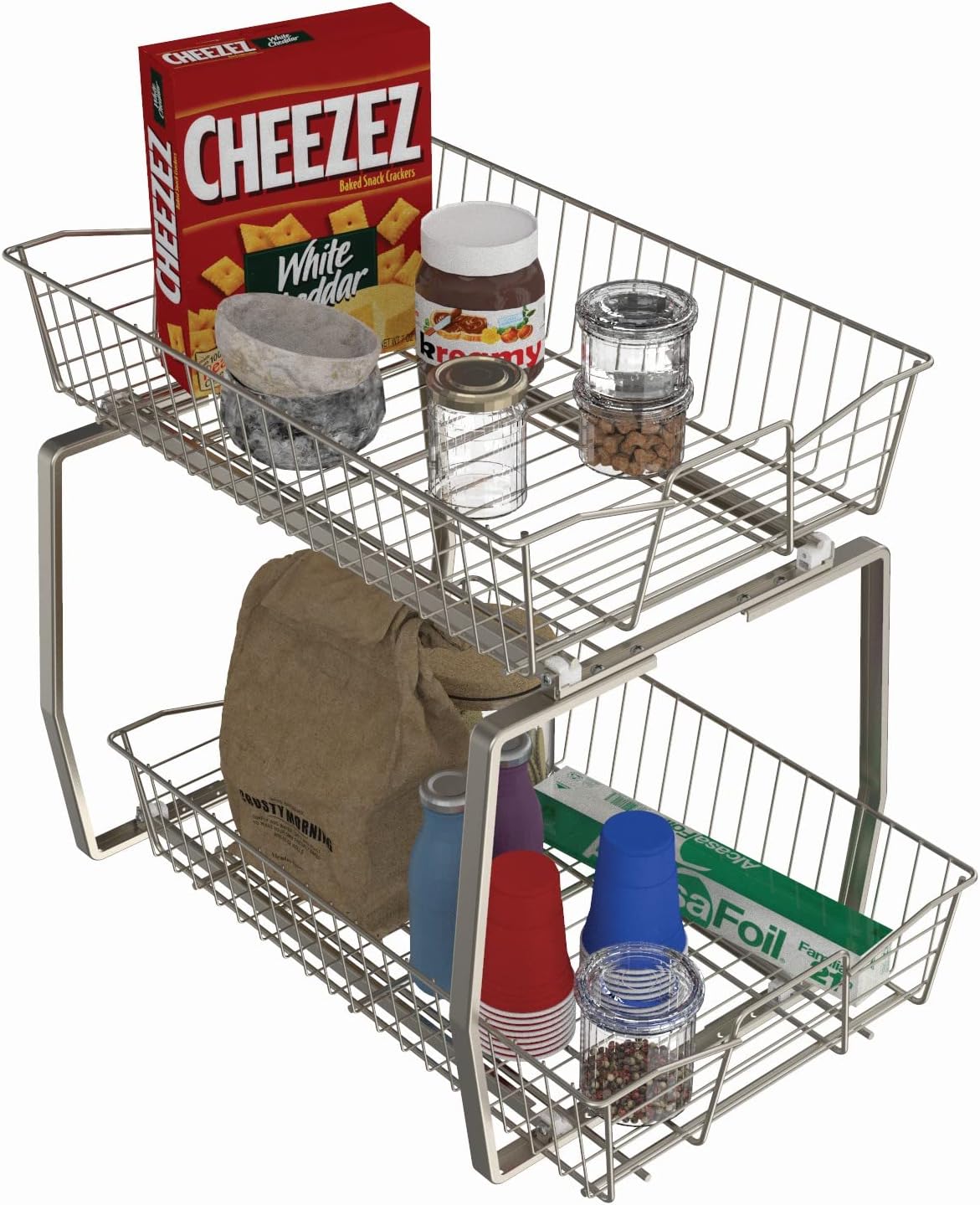 ClosetMaid 14 in. Pull Out Cabinet Organizer, 2 Tier, Heavy Duty, Slide Out Pantry Shelves Drawers for Kitchen, Bathroom, Nickel