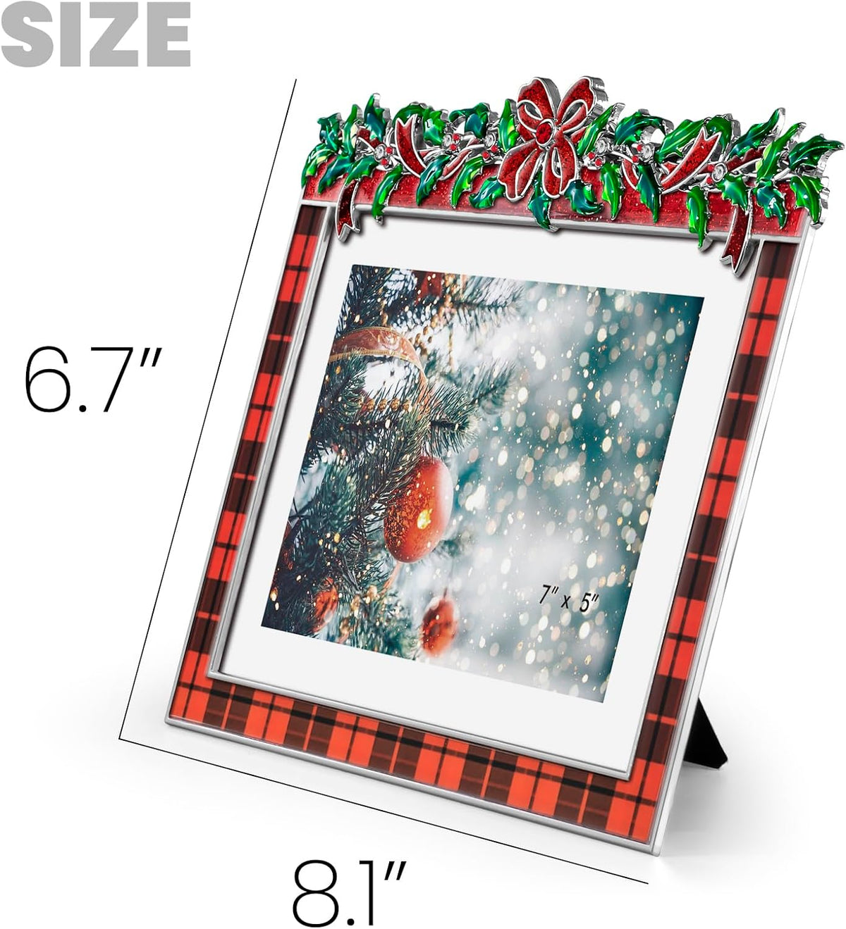 Christmas 5x7 Picture Frame Christmas Metal Display Photo Frames with Rhinestone High Definition Glass Front Gift Ideas Tabletop Home Decorative (Red Grid)