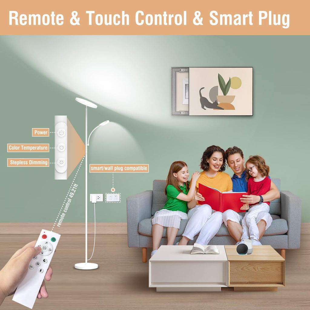 marctronic White Floor Lamp, 42W 4000LM Super Bright LED Room Lamp with Adjustable Reading Light,Dimmable Modern Standing Lamp with Remote & Touch Control for Room Bedroom Office Floor Light