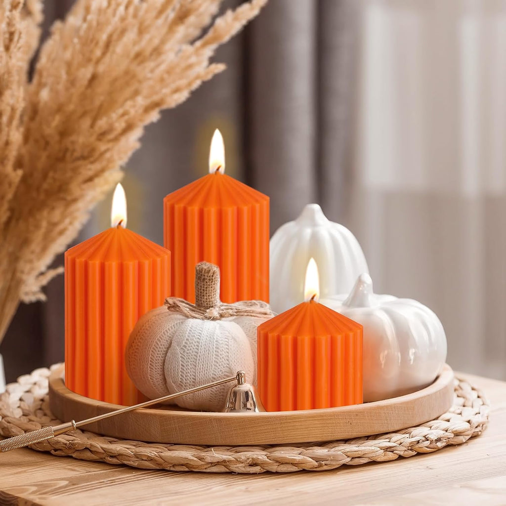 Conelist Set of 3 Fall Orange Ribbed Pillar Candles Soy Wax Scented Candles