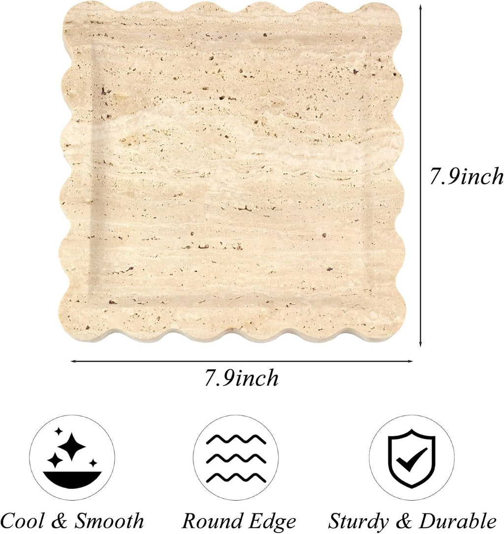 YMXYJM Travertine Marble Tray, Scalloped Stone Coffee Table Tray Decor - 8"
