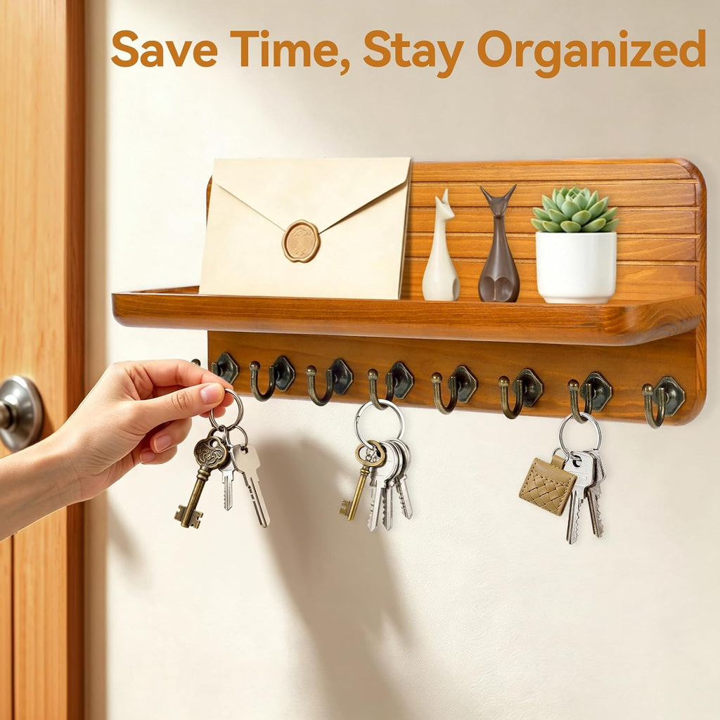 Key Holder for Wall, Mail Organizer Wall Mount with 8 Hooks Wooden Hanging Key Rack for Home Decor, Hallway, Entryway (Yellow)
