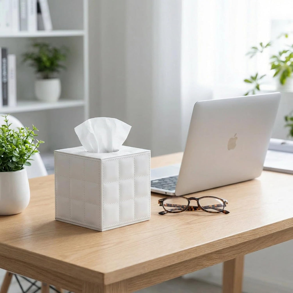Square PU Leather Tissue Box Cover Holder with Magnetic Bottom(White Grid)