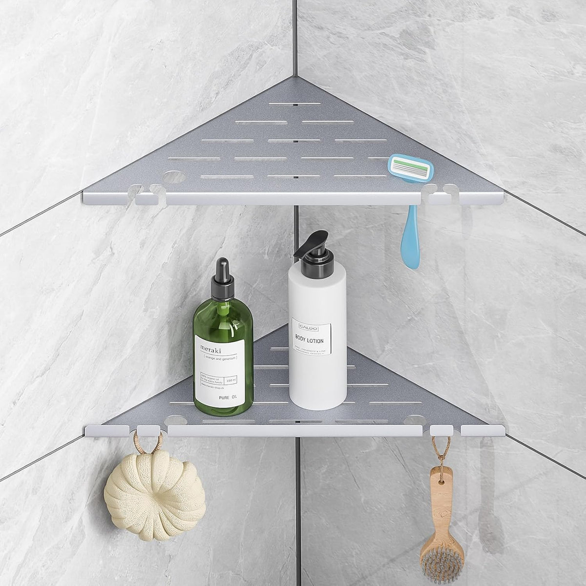 Shower Corner Shelf Organizer Rack with Hooks & Razor Hole, 2Pack-Silver