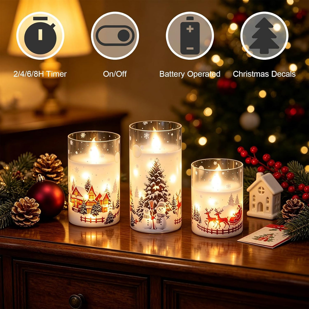 Snowman Church Flameless Candles String Lights with Remote Timer