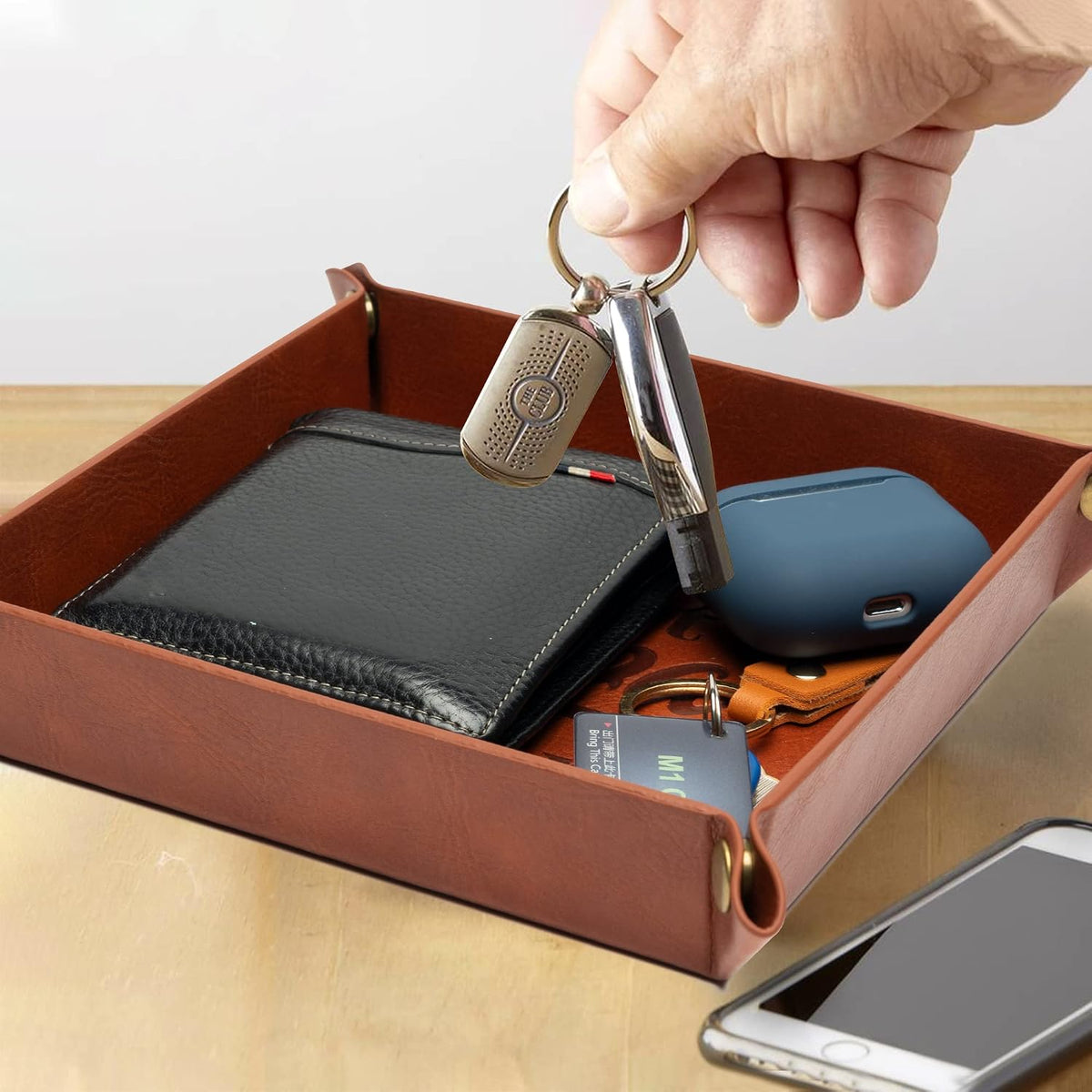 Haooryx Best Papa Ever PU Valet Tray and Keychain Desktop Storage Organizer