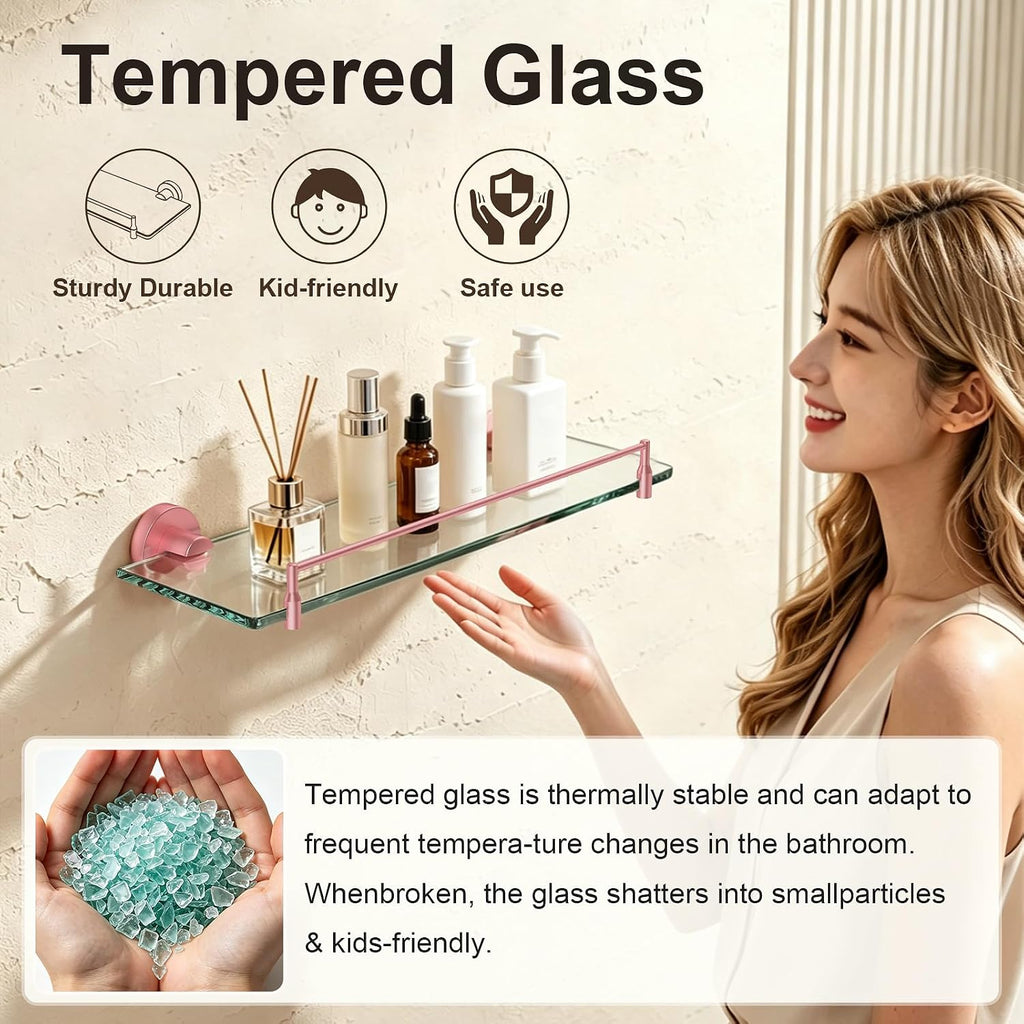 16-Inch Pink Glass Bathroom Shelf, Floating Shelf for Wall