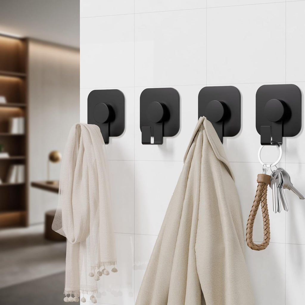 Aikzik 4 Pack Large Heavy Duty Wall Hooks - 26lb Max, Stainless Steel Adhesive Towel Hooks for Hanging Coat, Towel, Robe, Keys, Sticky Shower Hook for Door, Home, Bathroom, Kitchen, Office- Black
