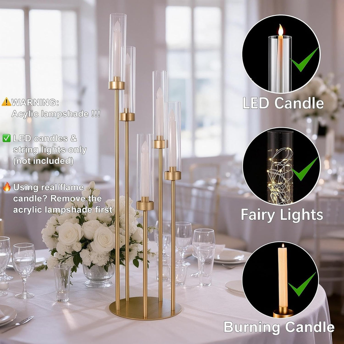 4Pcs 5 Arm Gold Candelabra Centerpieces for Table, Floor Candle Holders