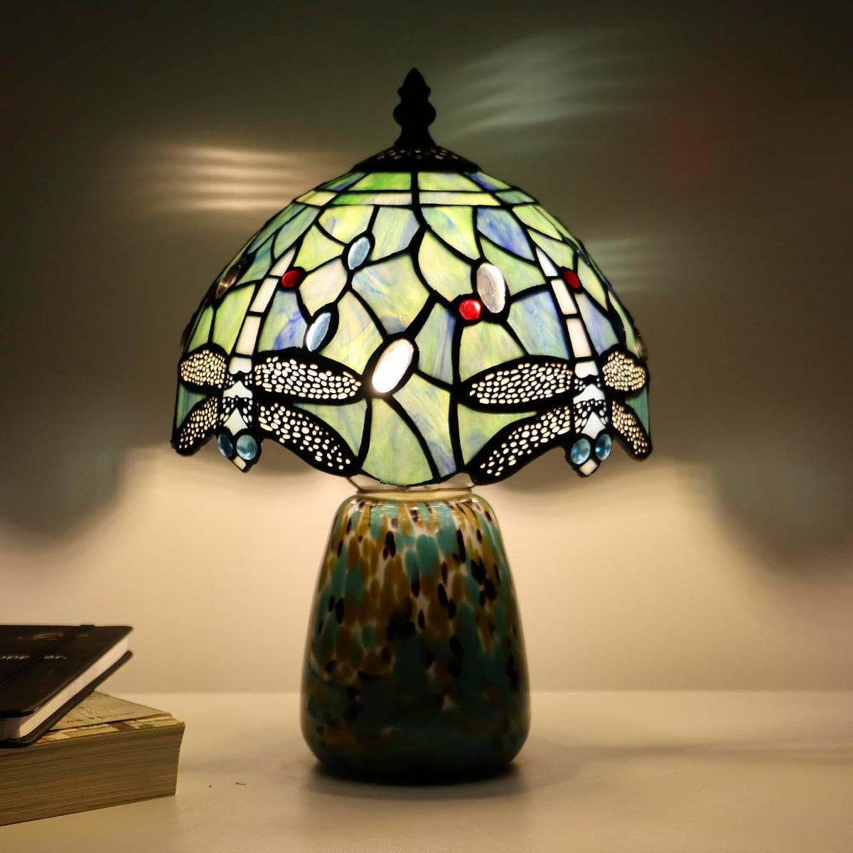 Tiffany Mushroom Table Lamp Dragonfly Style Sea Blue Stained Glass Accent Lamp Brown Blue Glass Base 8X8X12 Inch