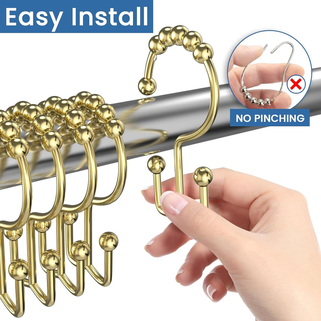 Shower Curtain Hooks Rings,Ball Bearing Stainless Steel Gold Shower Hooks,Double Glide Rust-Resistant Shower Curtain Hangers for Bathroom Shower Rods Curtains,Set of 12