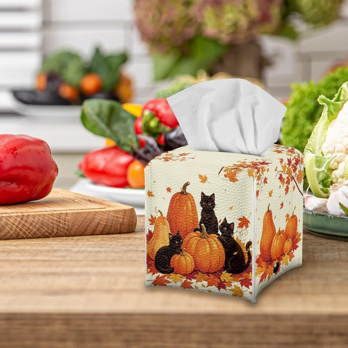 Pumpkin Black Cat Tissue Box Cover PU Leather Square Tissue Holder