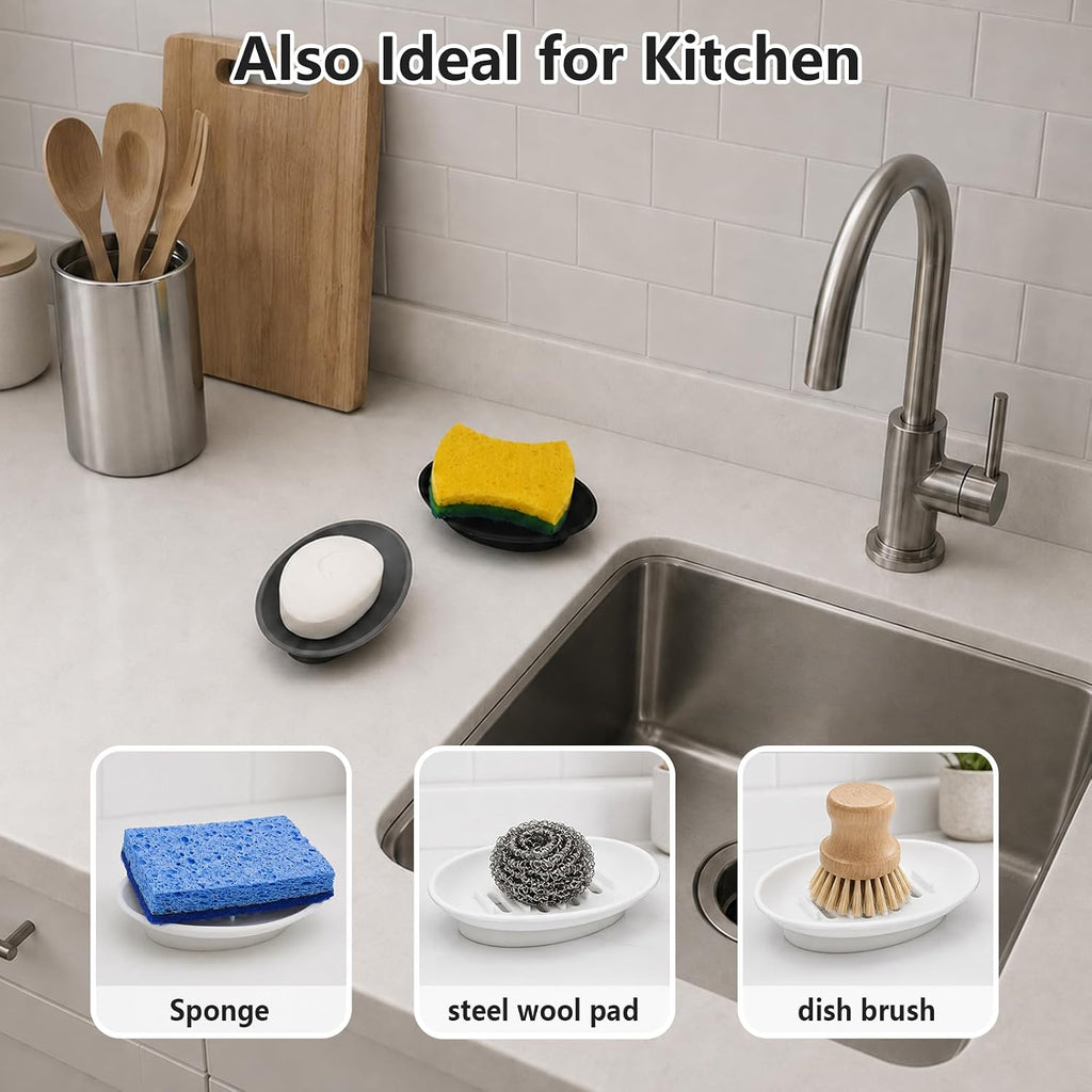 2 Pack Soap Bar Holder, Small Oval Silicone Soapdish Soap Tray for Shower/Bathroom Sink/Kitchen Counter/Bathtub, Non-Slip Central Raised Ridges Soap Stand Dish with Long Slotted Drain Holes