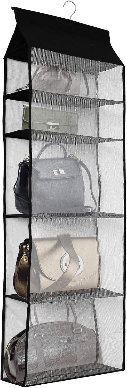 Improved Closet Handbag Purse Holder with 5 Large Heavy-Duty Mesh Shelves, Space Saving Hanging Handbag Storage Tote Bag Organizer Holder for Wardrobe Closet(Black)