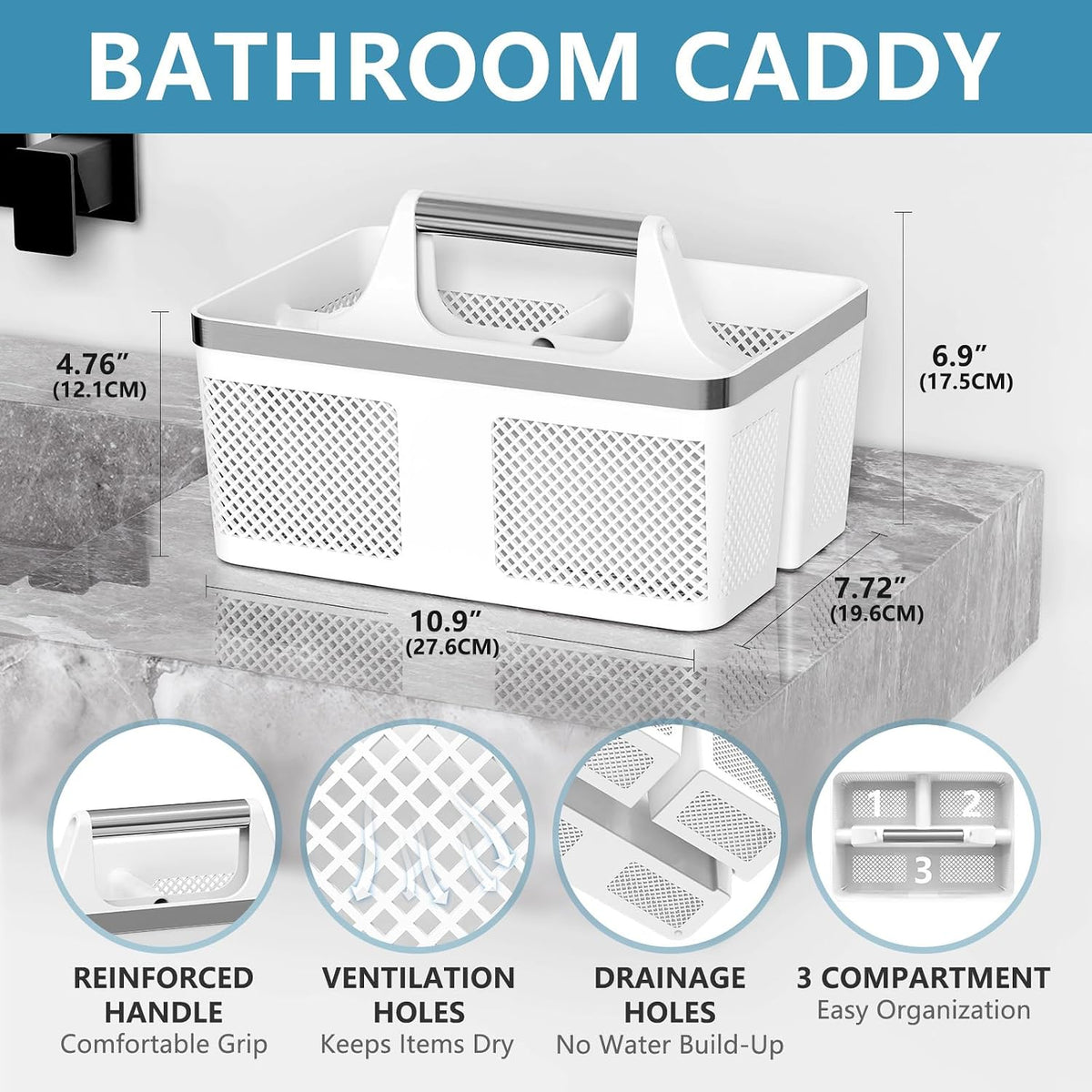 BYUNER Plastic Shower Caddy Dorm: Portable Bathroom Caddy Organizer with Handle and Holes, Cleaning Basket, Hard Shower Basket Storage Tote for Toiletry, College Dorm Room Essentials White/Silver