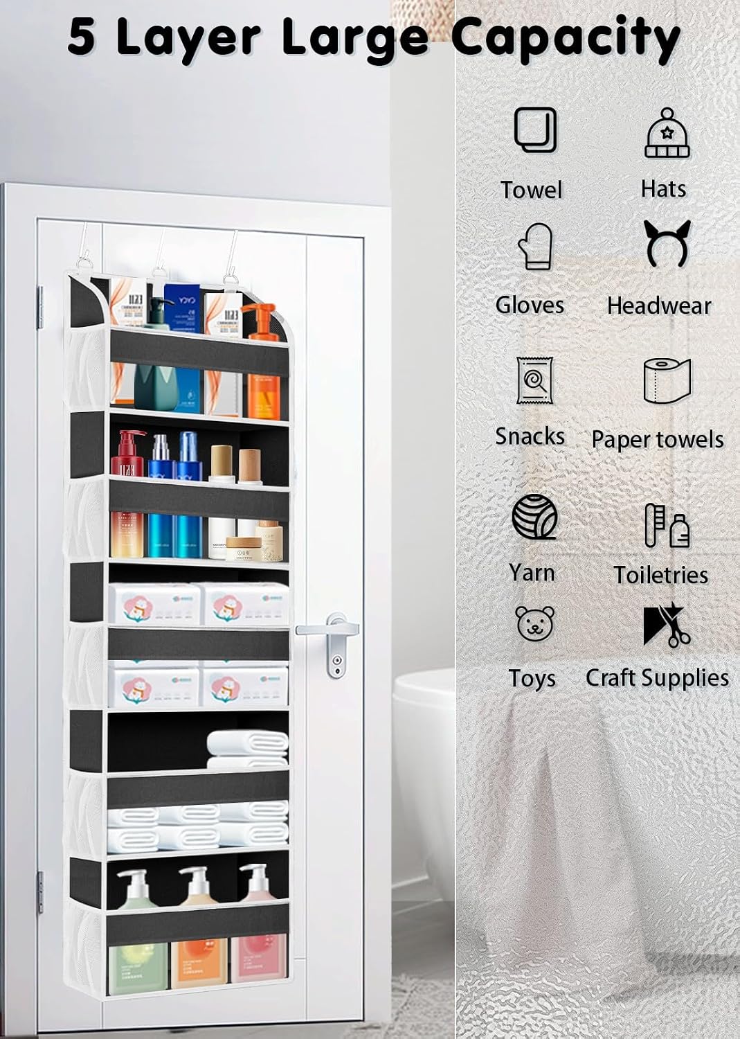 TAHAVICE Over the Door Organizer Storage, 5 Large & 10 Mesh Pockets