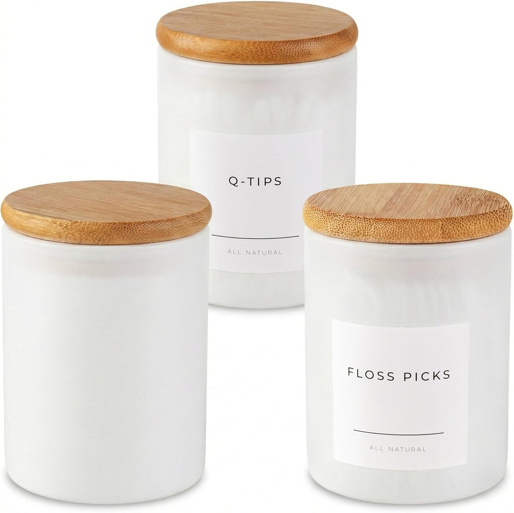 Vase and Vessel Mini Glass Apothecary Jars with Bamboo Lids, Small Bathroom and Kitchen Storage Containers, For Cotton Balls, Pads and Swabs, 10 oz, Set of 3, White