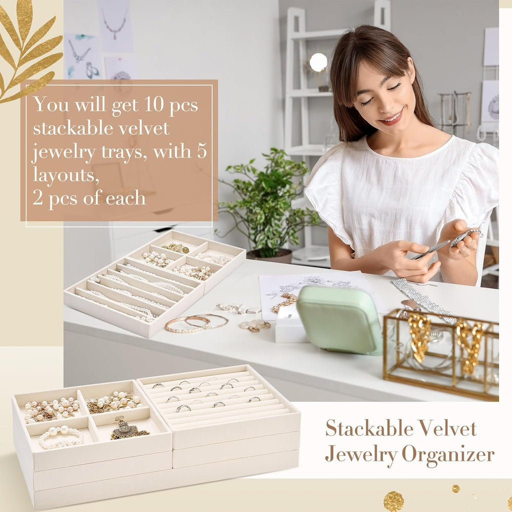 Cinnvoice Set of 10 Stackable Jewelry Organizer Tray for Drawer, Beige