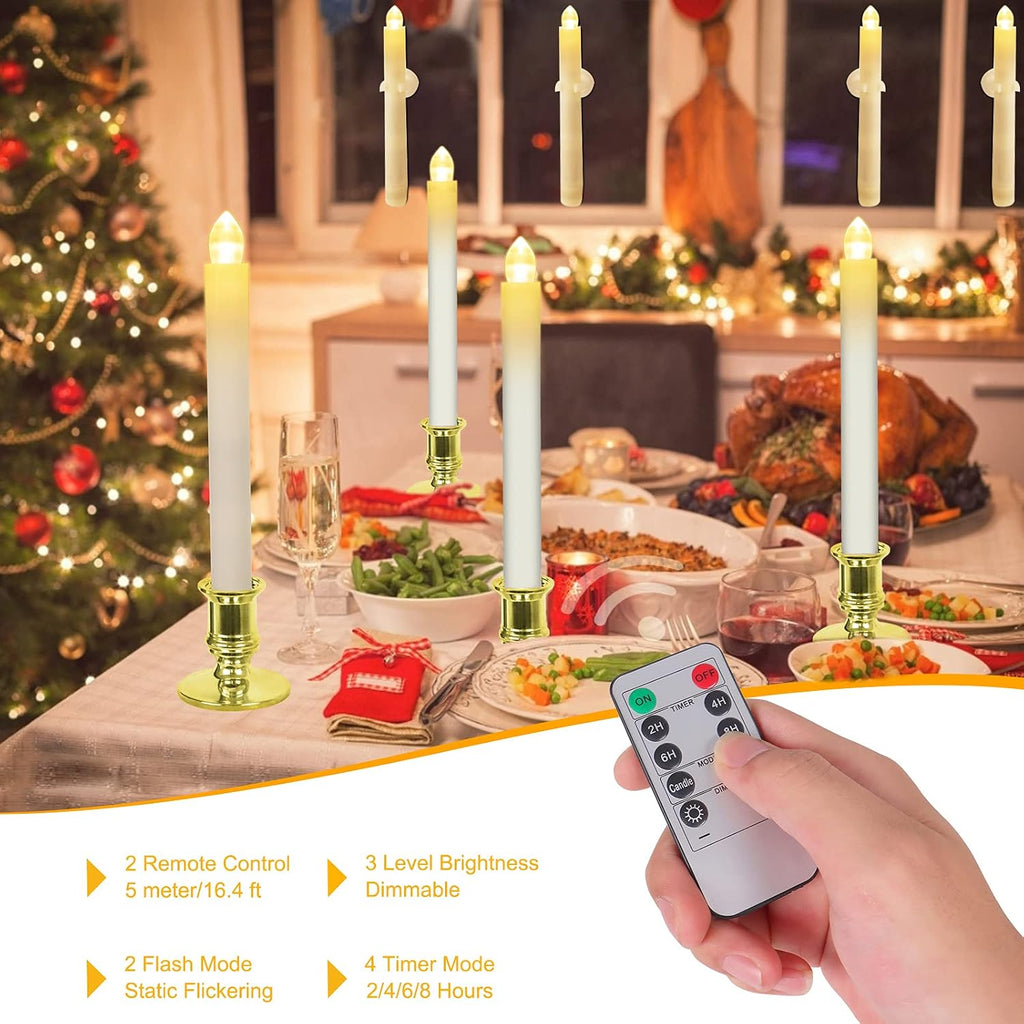 Window Candles 12 Pack Battery Operated Candle with 2 Remote Controls Timer Flameless Taper Candles Removable Golden Holder and Suction Cup for Christmas Decorations