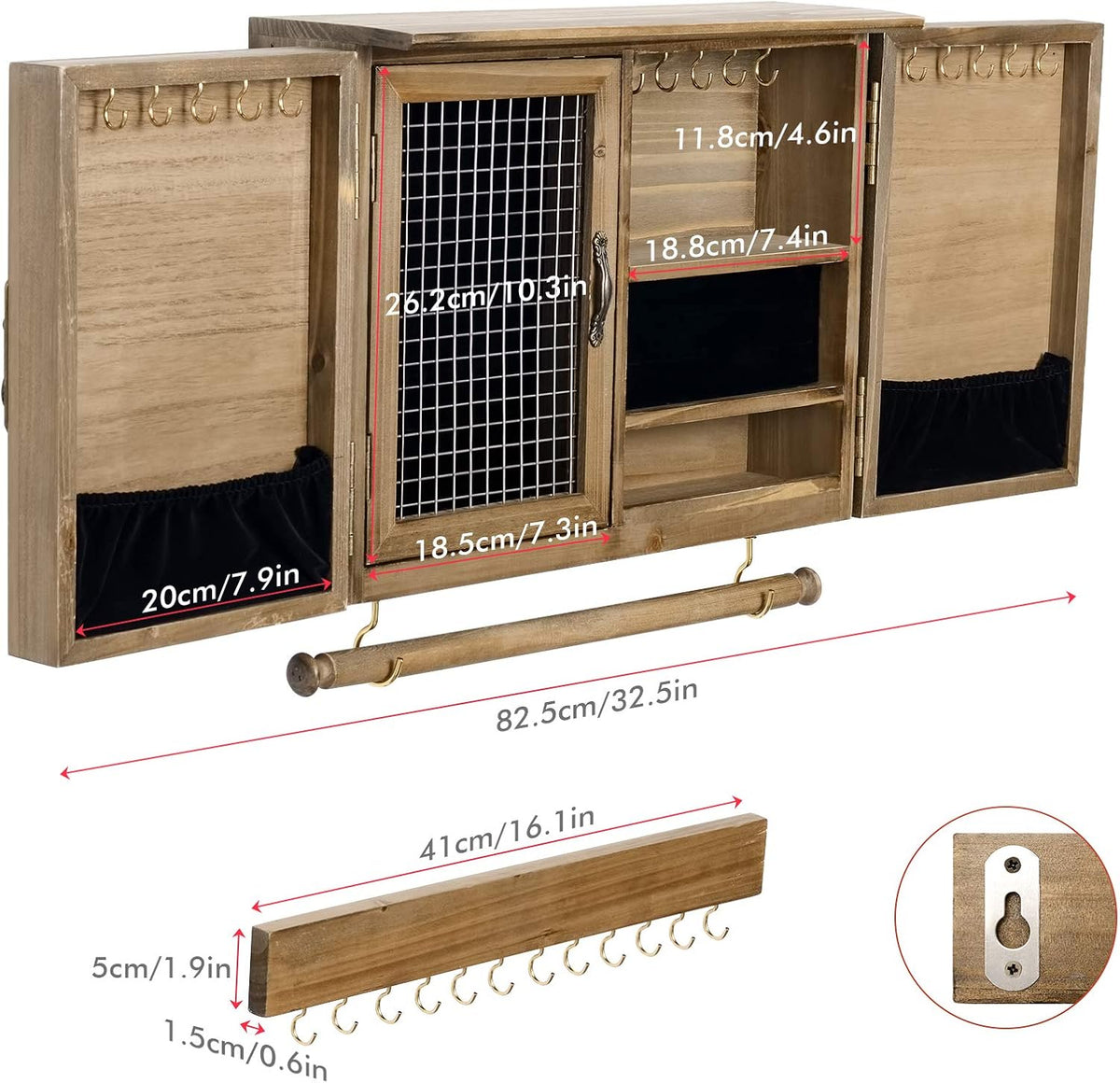 Wall Mounted Jewelry Organizer, Rustic Brown Wooden Jewelry Storage Cabinet