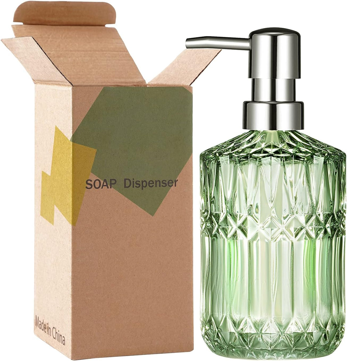 Diamond Design 12 Oz Green Glass Soap Dispenser,Refillable Lotion Soap Dispenser for Bathroom, Kitchen, Hand Soap, Dish Soap,Shampoo, Ideal for Bathroom Countertop. (Clear Gold)
